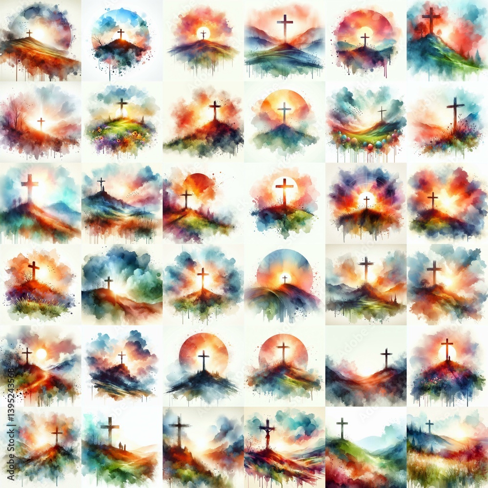 Cross on the hill. Watercolor drawing. AI generated illustration