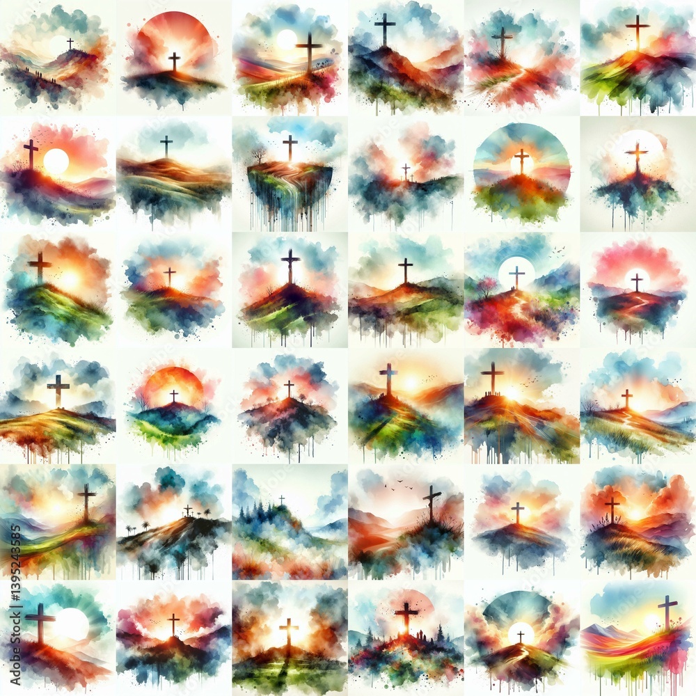Cross on the hill. Watercolor drawing. AI generated illustration