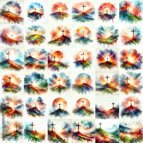 Obraz na płótnie Cross on the hill. Watercolor drawing. AI generated illustration w salonie