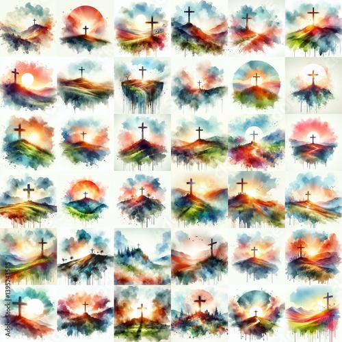 Obraz na płótnie Cross on the hill. Watercolor drawing. AI generated illustration w salonie