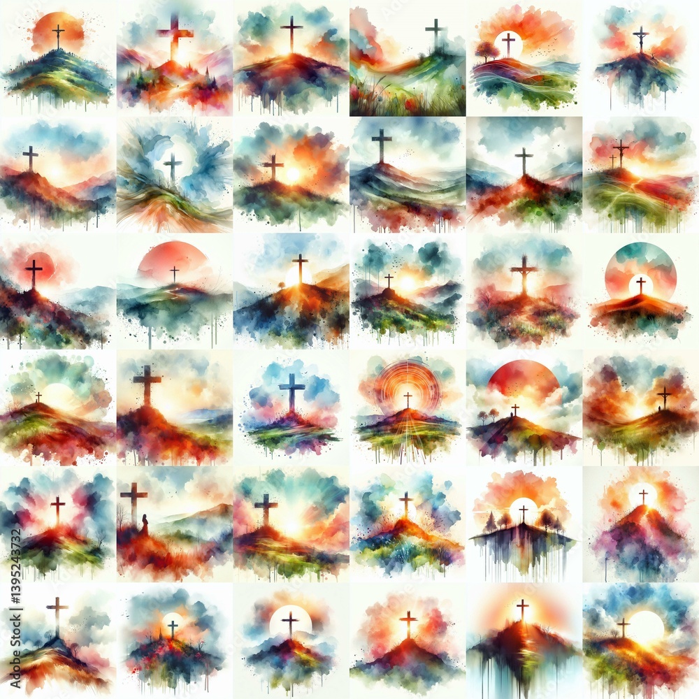 Cross on the hill. Watercolor drawing. AI generated illustration