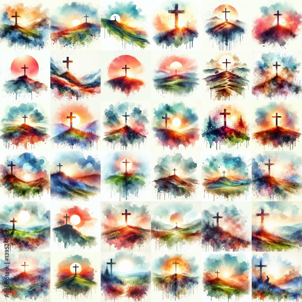 Cross on the hill. Watercolor drawing. AI generated illustration