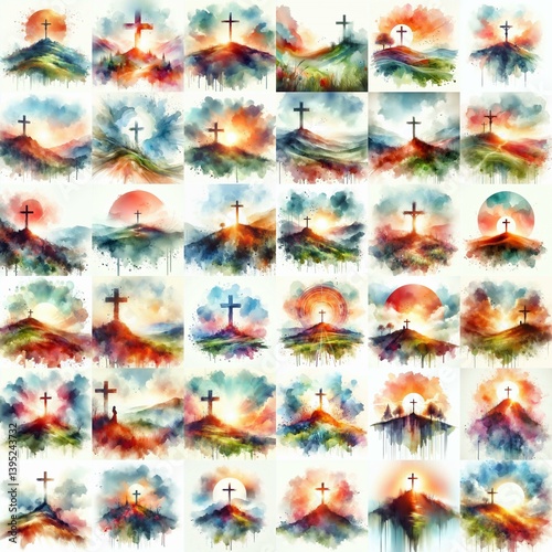 Obraz na płótnie Cross on the hill. Watercolor drawing. AI generated illustration w salonie
