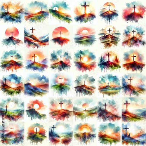 Obraz na płótnie Cross on the hill. Watercolor drawing. AI generated illustration w salonie