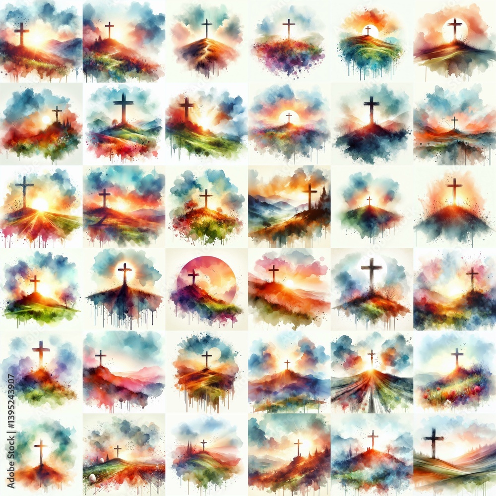 Cross on the hill. Watercolor drawing. AI generated illustration