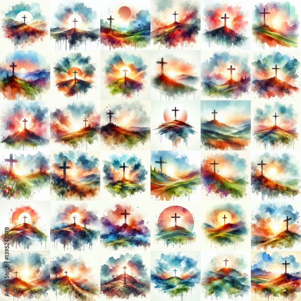 Cross on the hill. Watercolor drawing. AI generated illustration