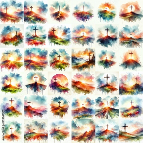 Obraz na płótnie Cross on the hill. Watercolor drawing. AI generated illustration w salonie