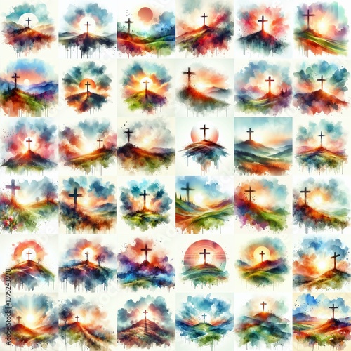 Obraz na płótnie Cross on the hill. Watercolor drawing. AI generated illustration w salonie