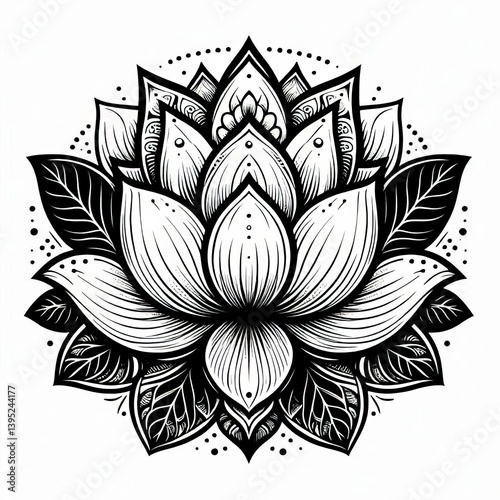 Black and White Line Art of a Lotus Flower Design