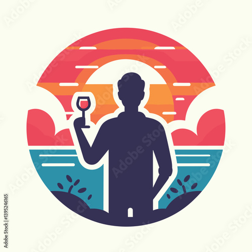 Sunset Wine Silhouette Vector Art of Man Enjoying Ocean View