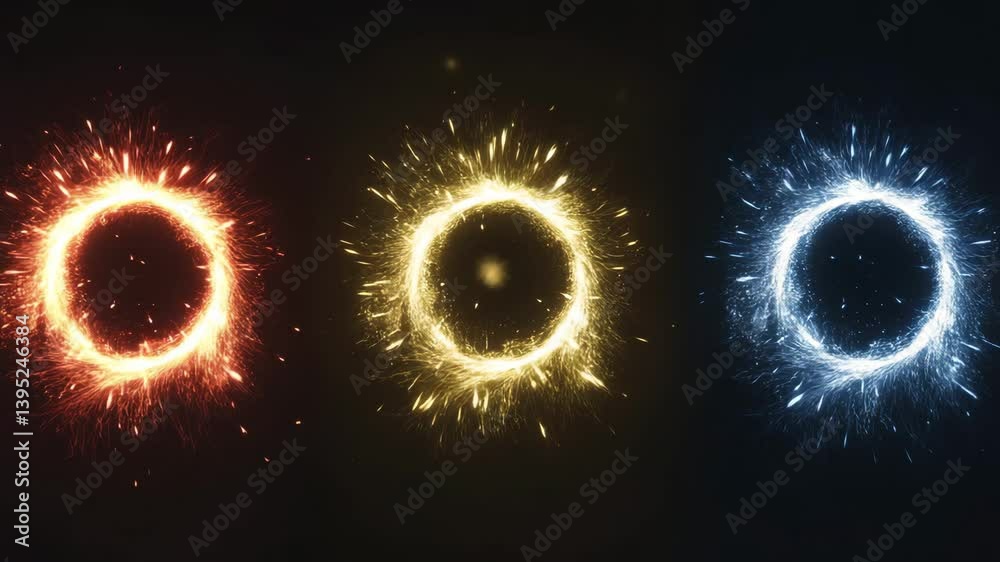 Three glowing energy rings in red, yellow, and blue sparkle on a dark background. Perfect for sci-fi visuals, magic effects, or futuristic energy loop animations.

