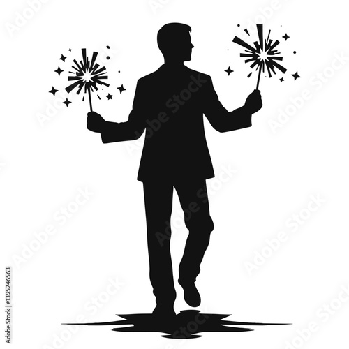 Elegant Silhouette of Man Holding Sparkler Fireworks in Celebration - Black and White Illustration