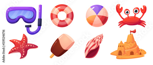 Collection of fun, colorful beach and summer icons including a snorkel, crab, starfish, ice cream, shell, and sandcastle.