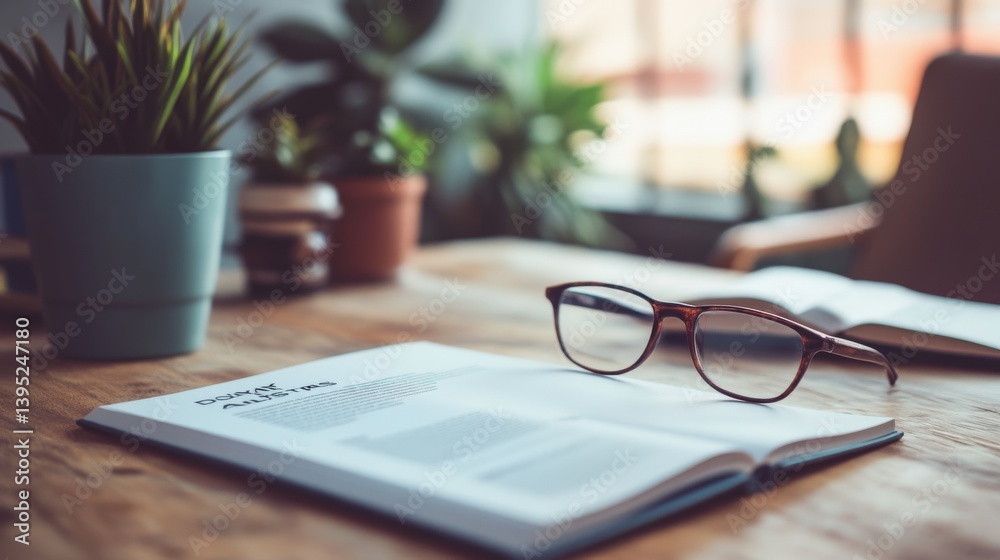 Glasses are neatly placed over an open book on a wooden table, accompanied by potted plants, creating a peaceful study environment. Glasses are neatly placed over an open book on a wooden table, accompanied by potted plants, creating a peaceful study environment.