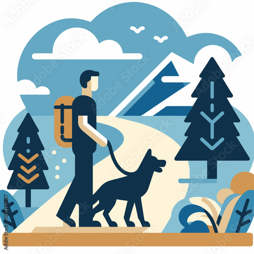 Hiking Adventure with Dog in Scenic Mountain Landscape - Flat Illustration