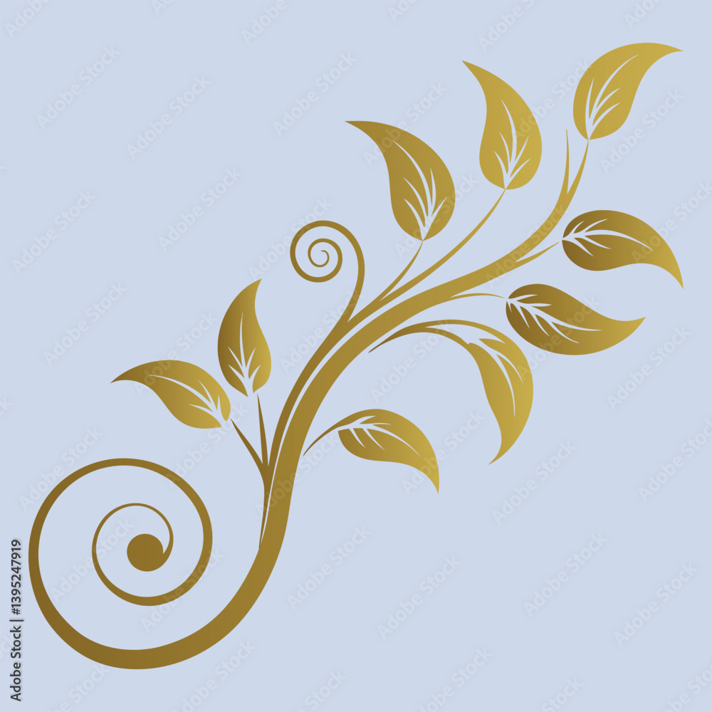 Golden vector floral ornament design element features ornate swirls and leaf silhouettes.