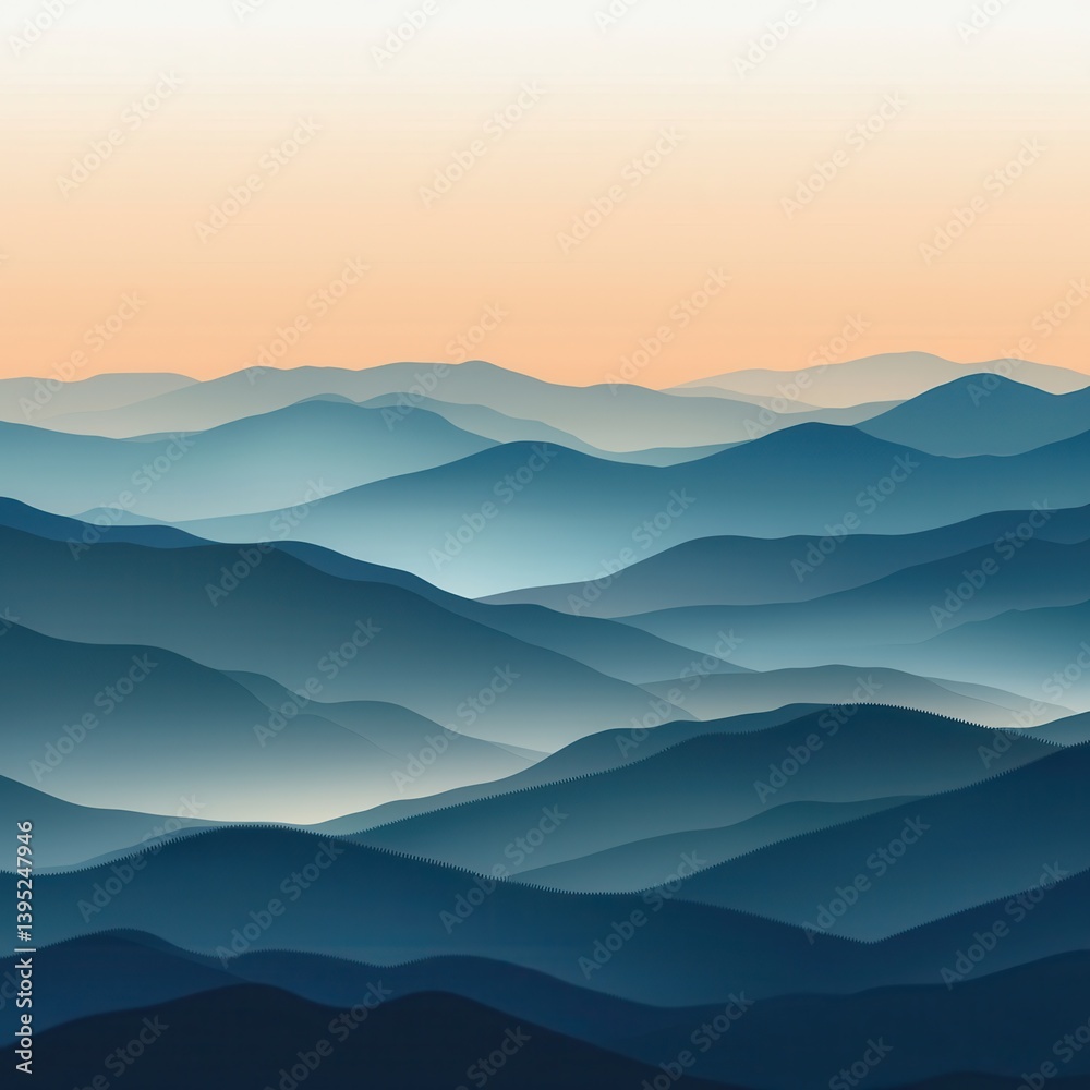 Obraz premium A serene mountain landscape clipart, nature theme, minimalist illustration, gradient blues and whites, isolated on white background