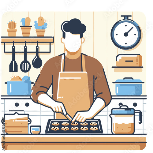 Home Chef Baking Cookies in Modern Kitchen - Flat Illustration
