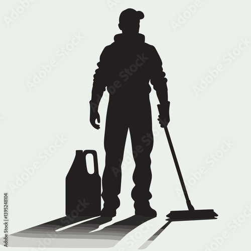 Silhouette of a Cleaner with Mop and Detergent Bottle - Vector Illustration