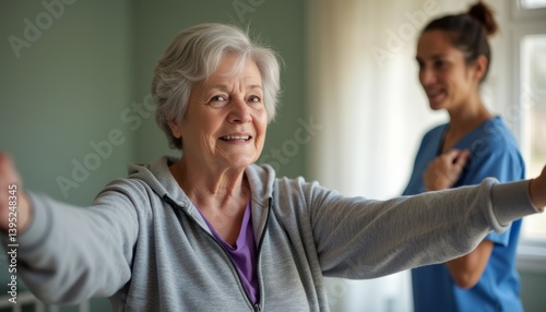 Wallpaper Mural An elderly woman with silver hair joyfully participates in a physical therapy session, extending her arms wide in a moment of triumph. Her caregiver, a young woman in scrubs, stands nearby, radiating Torontodigital.ca