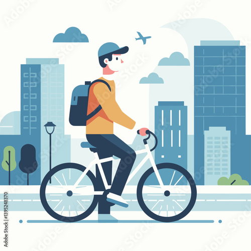 Urban Bicyclist in Cityscape - Modern Flat Illustration of Cycling in Urban Environment