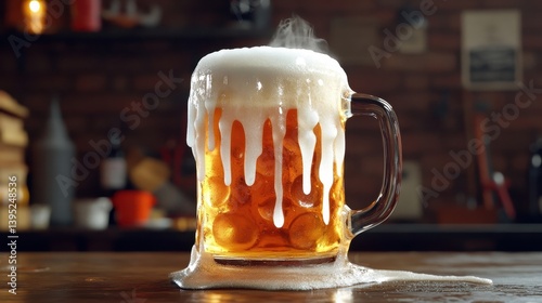 frothy beer in a stein on wooden bar