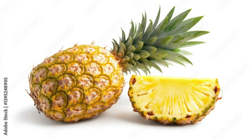 Fresh Pineapple with Green Leaves and Sliced Yellow Fruit Piece Fresh Pineapple with Green Leaves and Sliced Yellow Fruit Piece