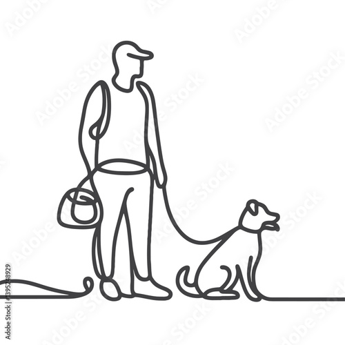One Line Illustration of Man with Dog on Leash