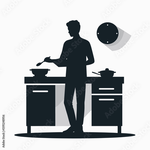 Silhouette of Man Cooking in Modern Kitchen - Flat Illustration
