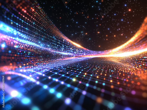 Abstract Digital Background With Glowing Light And Starry Sky, Forming A Wave Of Colorful Dots And Lines In Motion