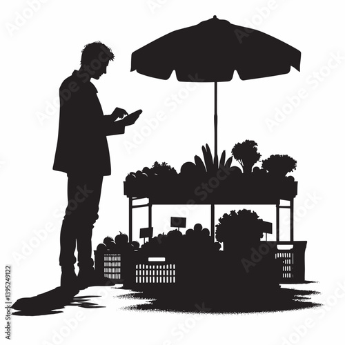 Silhouette of Man at a Market Stall Shopping and Outdoor Retail Scene in Black and White Art
