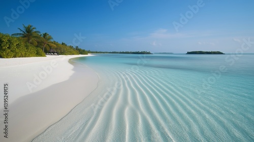 A breathtaking tropical beach with crystal-clear turquoise waters gently meeting the soft, pristine white sand.