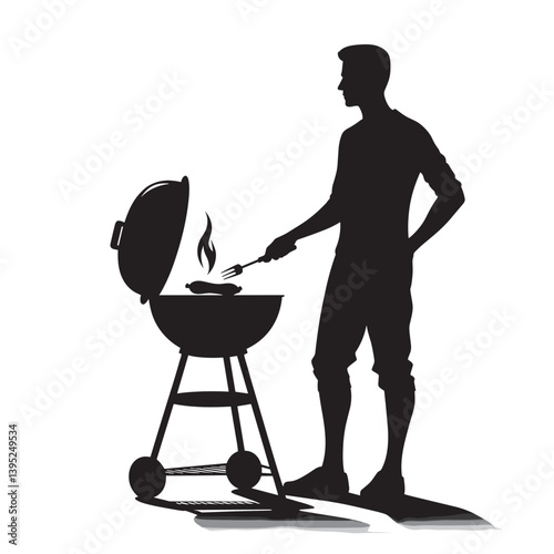 Silhouette of Man Grilling on Barbecue - Outdoor Cooking in Black and White Illustration