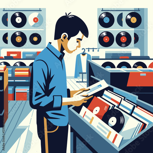 Retro Vinyl Record Store - Vintage Shopping Experience in Modern Flat Illustration