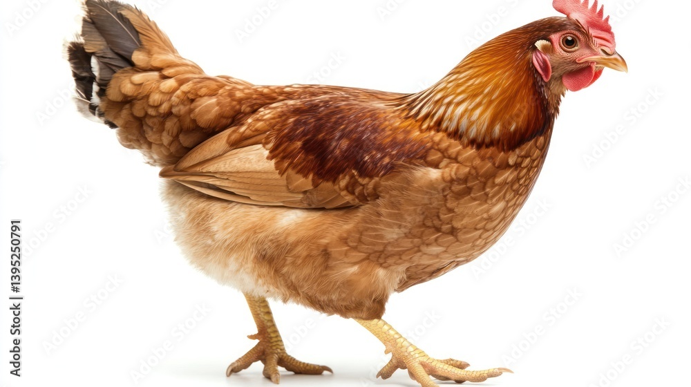 Fototapeta premium Brown hen walking, studio shot, white background, poultry farming
