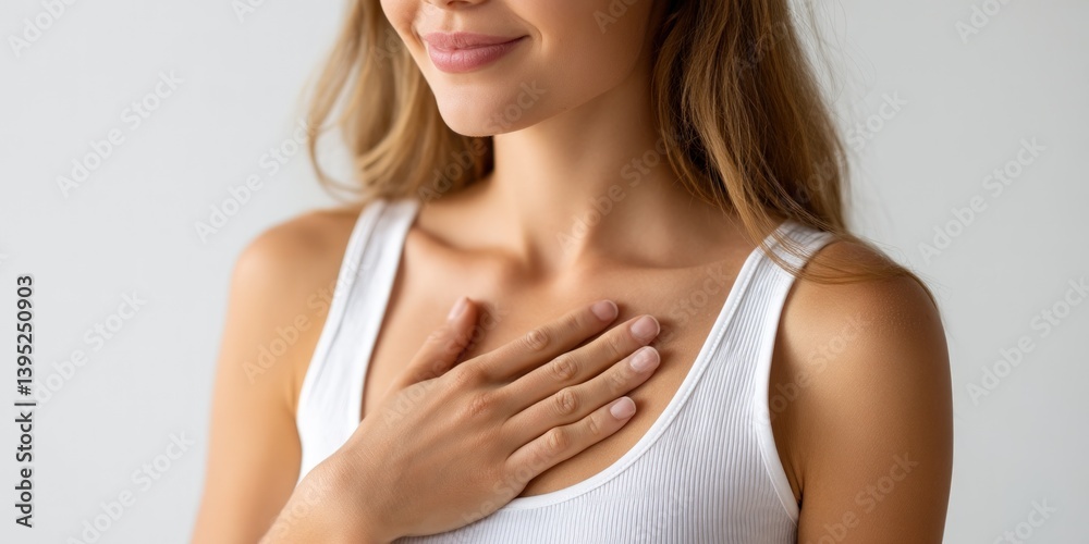 Woman holds hand on chest, grateful and hopeful, simple background Woman holds hand on chest, grateful and hopeful, simple background