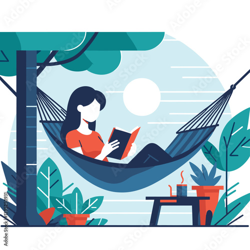 Relaxing Outdoor Hammock Scene Woman Reading in Nature - Flat Illustration Design