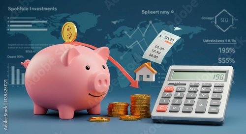 Visualize financial downturn with a piggy bank, dropping dollar coin, calculator, house and downward arrow against financial data backdrop.