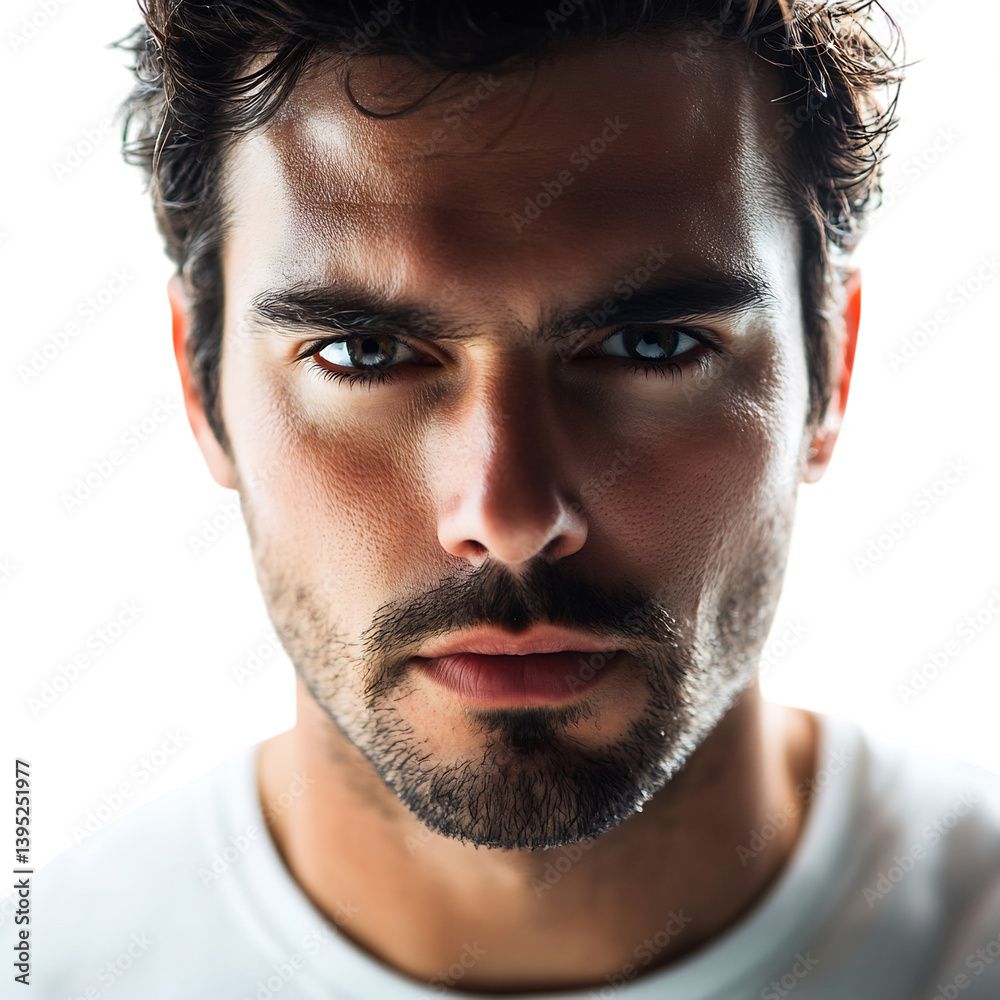 Obraz premium A Man with a Serious Expression and Narrowing Eyes Isolated on Transparent Background