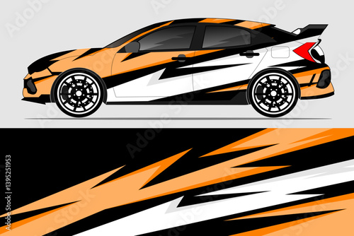 Sporty car design featuring dynamic orange and black graphics on a sleek hatchback