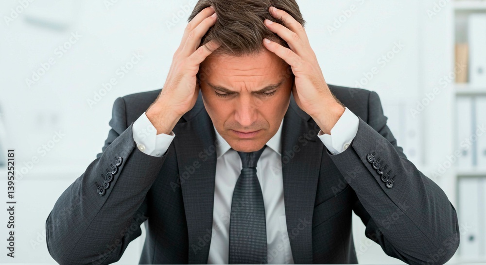 Stressed executive with hands on his head, looking down, at desk in office. He appears overwhelmed and anxious about his work. Stressed executive with hands on his head, looking down, at desk in office. He appears overwhelmed and anxious about his work.