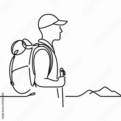 Hiker Exploring Mountains in Minimalist One Line Drawing