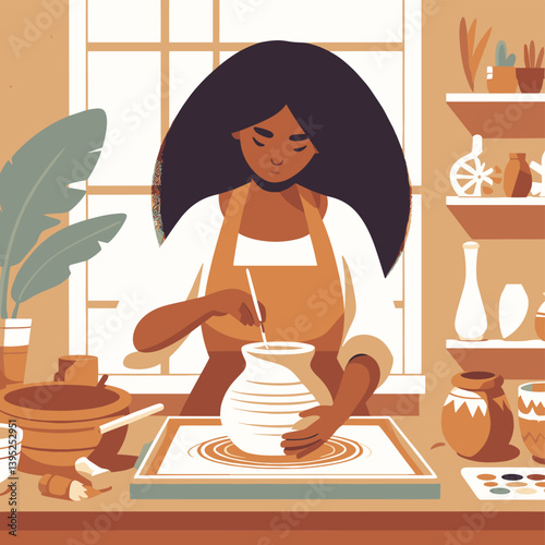 Woman Crafting Pottery in Cozy Studio - Flat Illustration of Artistic Creativity