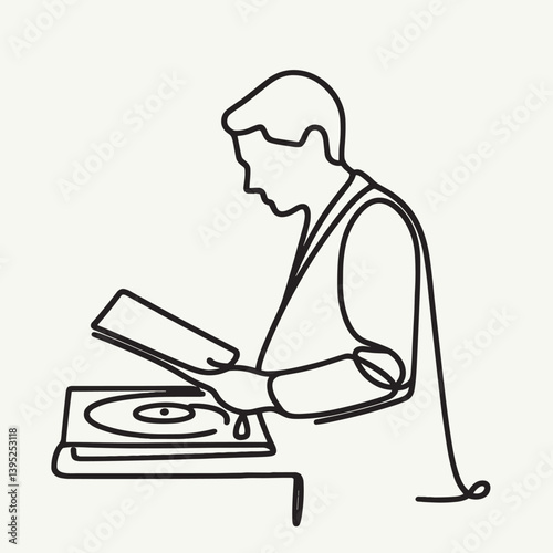 One Line DJ Illustration of a Man Preparing Vinyl Record on Turntable