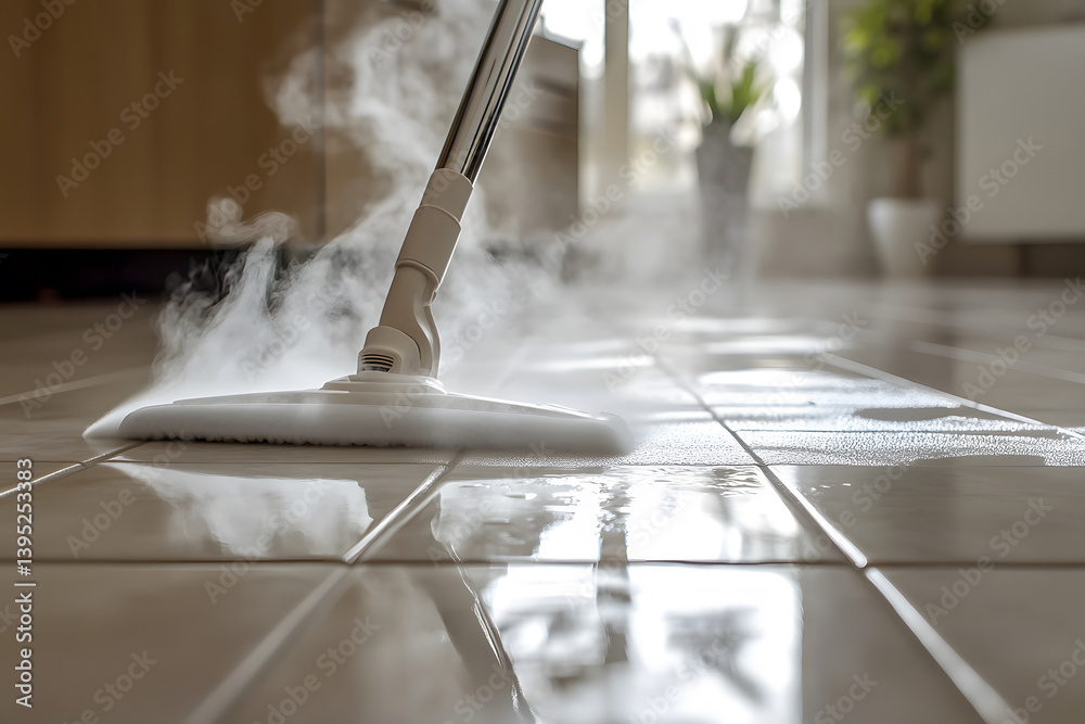 Close-up of steam mop releasing vapor while gliding across tiled floor, highlighting the deep-cleaning process, hot steam action, and the polished, sanitized surface left behind.