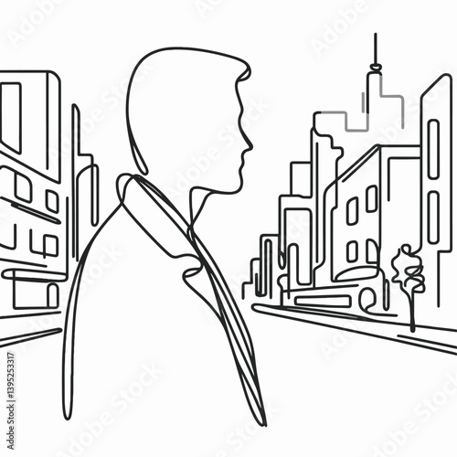 One Line Cityscape with Person Minimalist Urban Illustration