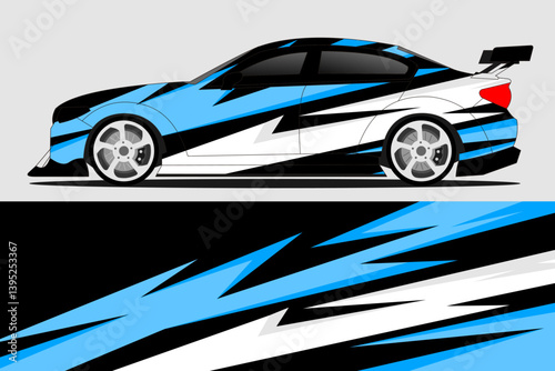 Sleek racing car design featuring dynamic blue and black graphics, set against a minimalist background