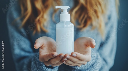 Young caucasian female holding a bottle of lotion in hands