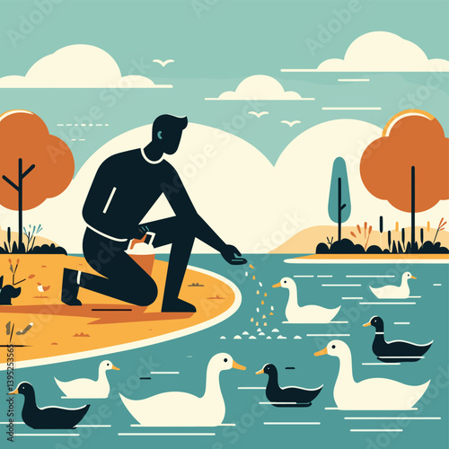 Feeding Ducks by the Autumn Lake - Flat Illustration of Peaceful Nature Scene