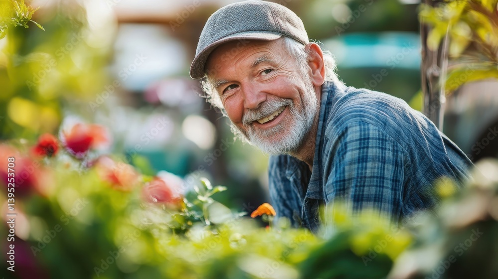 happy senior gardener tending his garden